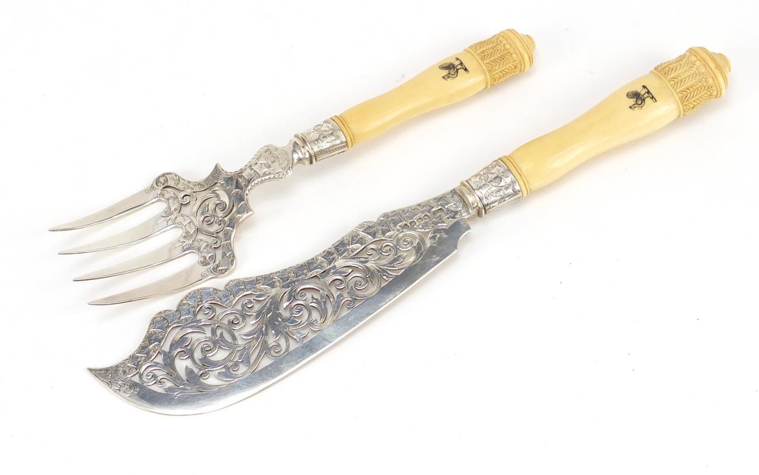 Victorian silver and ivory fish servers by George Unite, Birmingham 1884, 29cm in length, housed - Image 3 of 8