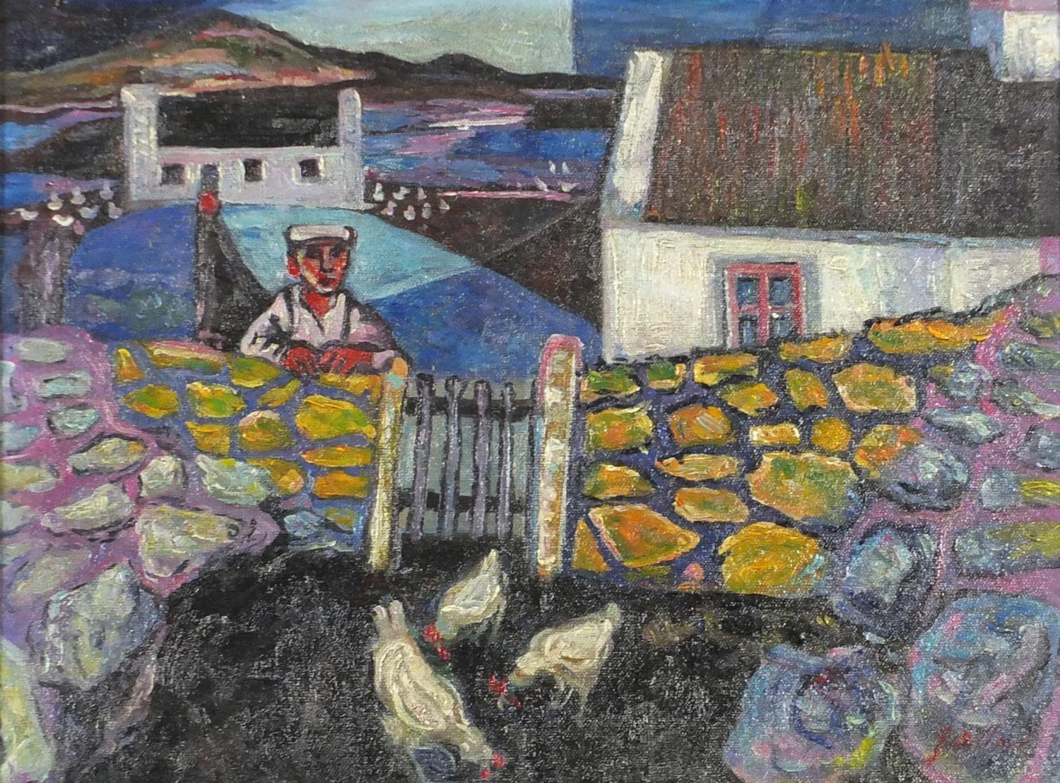 Manner of Gerard Dillon - Figure by a fence with chicken, Irish school oil on board, mounted and