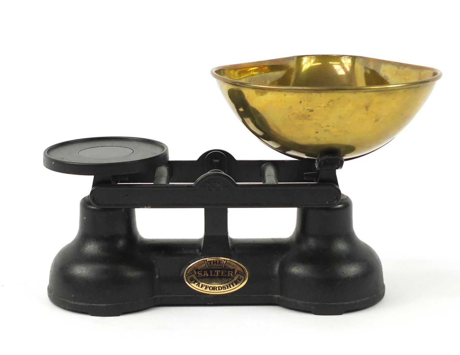 Vintage Salter kitchen scales with brass pan and weights, 32cm wide :For Further Condition Reports - Image 3 of 7