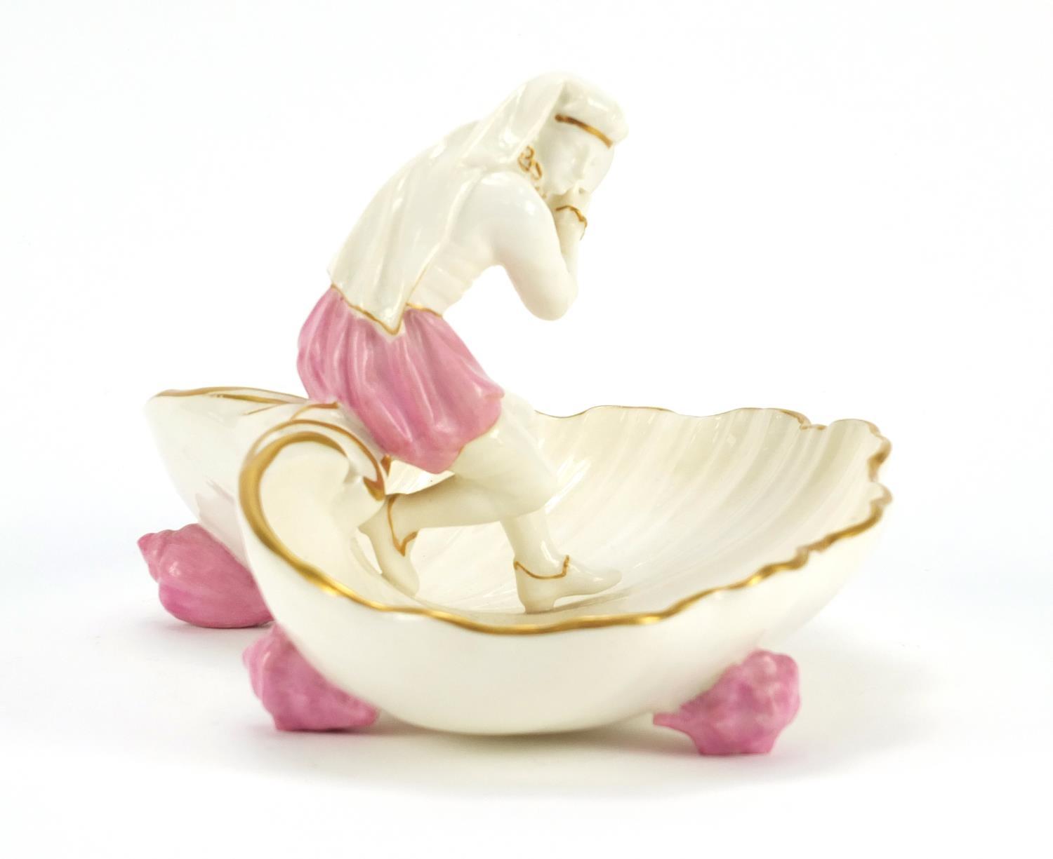 Victorian Worcester figural shell sweetmeat dish mounted with a girl holding a tambourine, 21.5 wide - Image 5 of 8