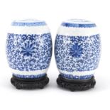 Pair of Chinese blue and white porcelain jars and covers raised on hardwood stands, each hand