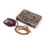Islamic tortoiseshell and ivory box housing two prayer bead necklaces, the box 20cm wide :For