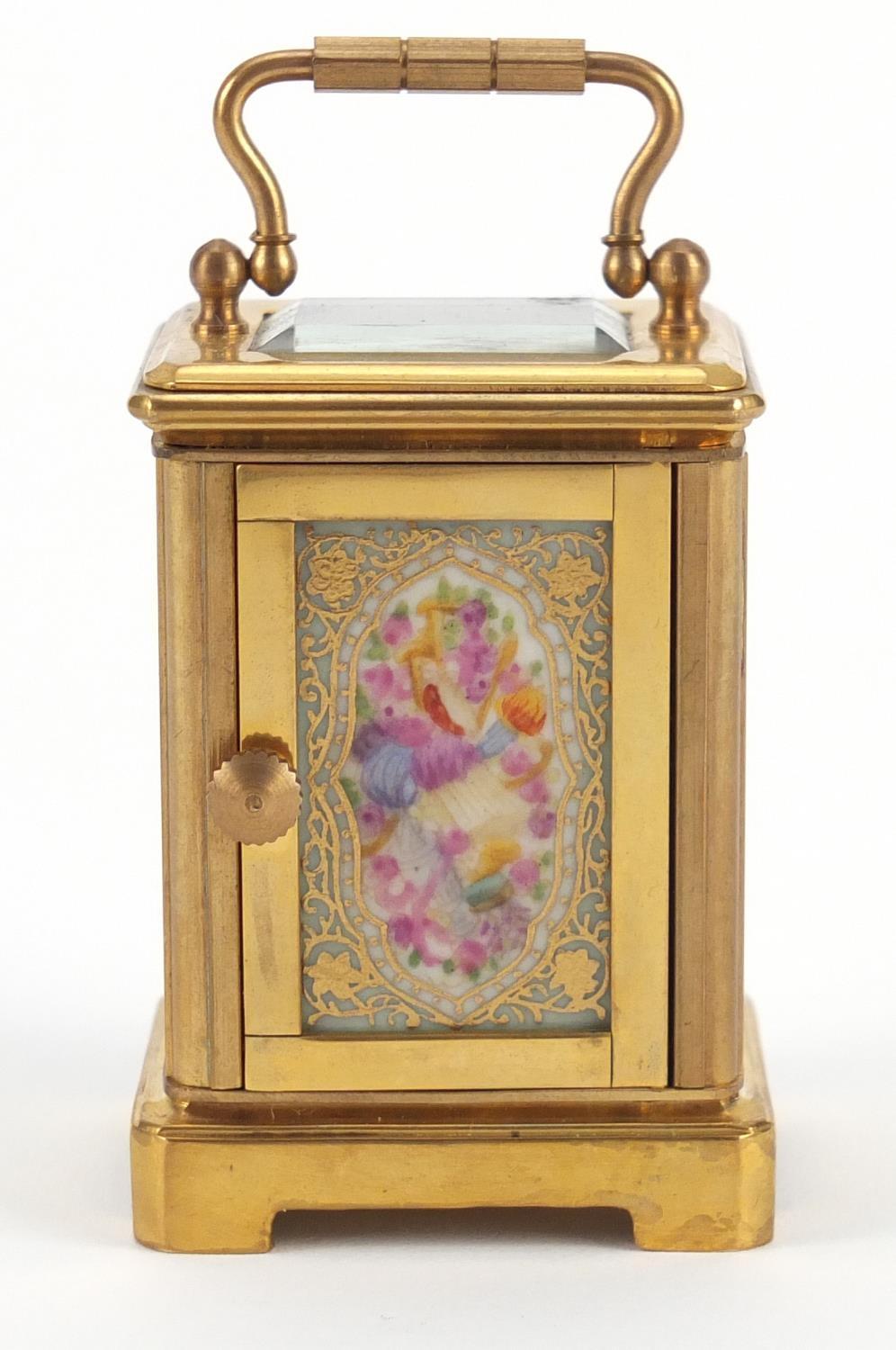 Miniature brass cased carriage clock with porcelain panels, hand painted and gilded with flowers, - Image 4 of 8