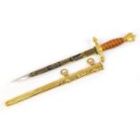 Good German military interest naval dagger with scabbard, the gilt blade finely engraved with a ship