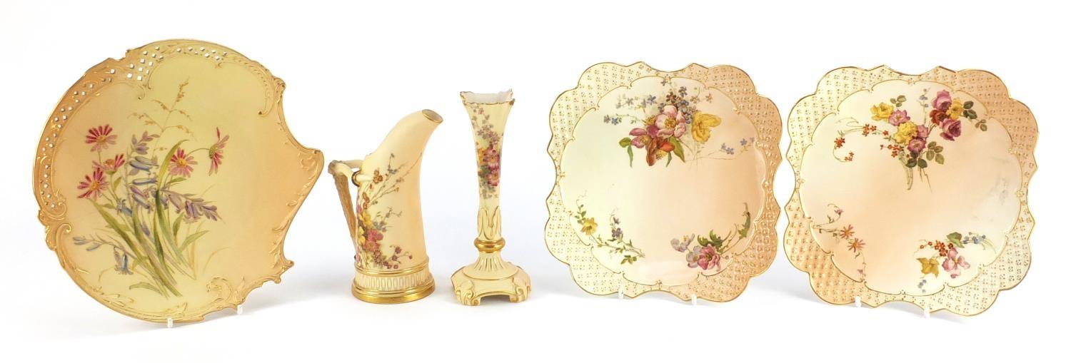 Royal Worcester blush ivory comprising three plates, bud vase and ewer, each decorated with flowers,