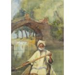 G Norie - Eastern scene with man in a boat, watercolour, mounted, framed and glazed, 34cm x 23.