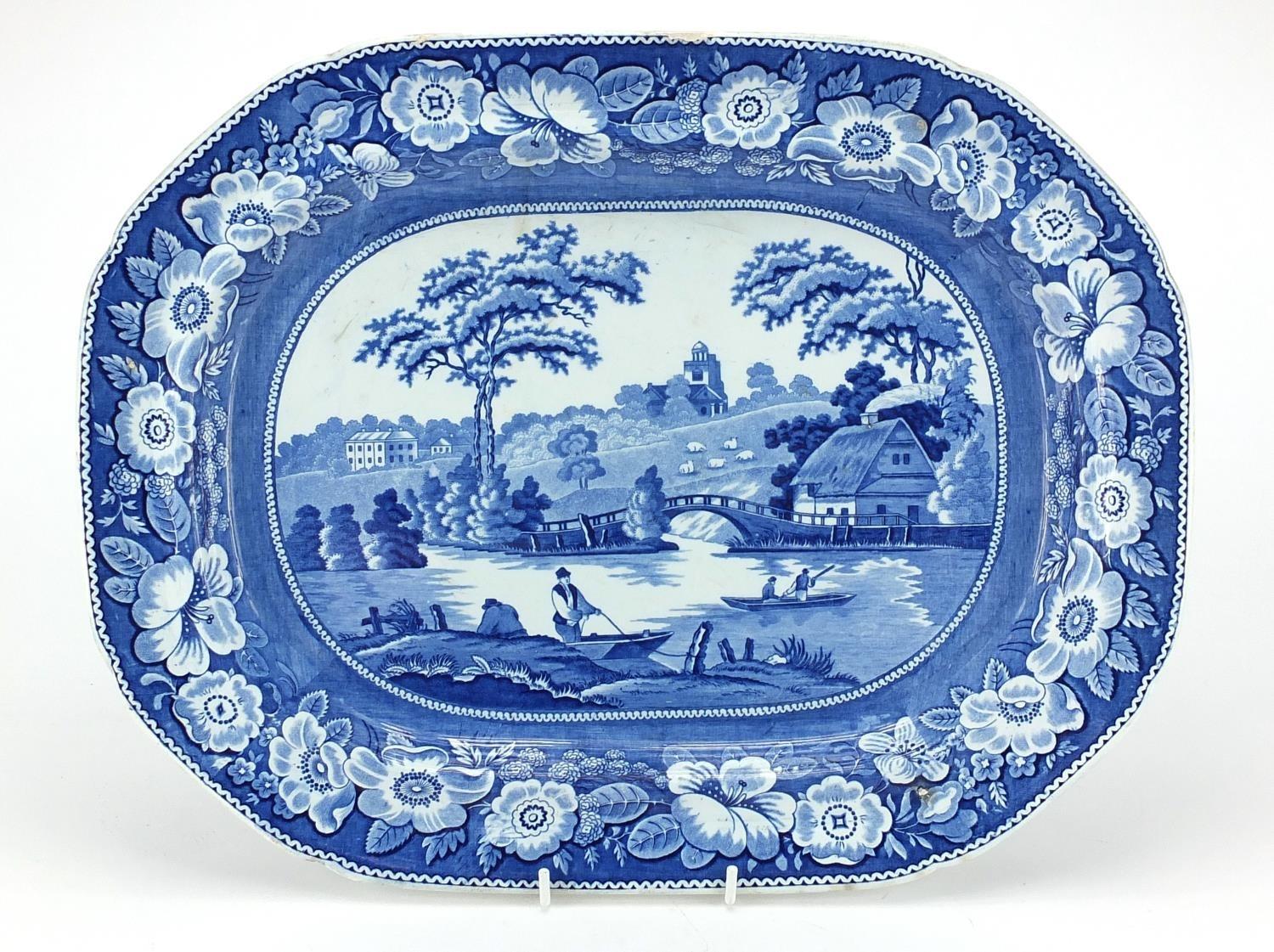 Victorian blue and white meat platter, printed with figures in a river, 42.5cm wide :For Further