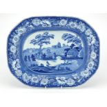 Victorian blue and white meat platter, printed with figures in a river, 42.5cm wide :For Further