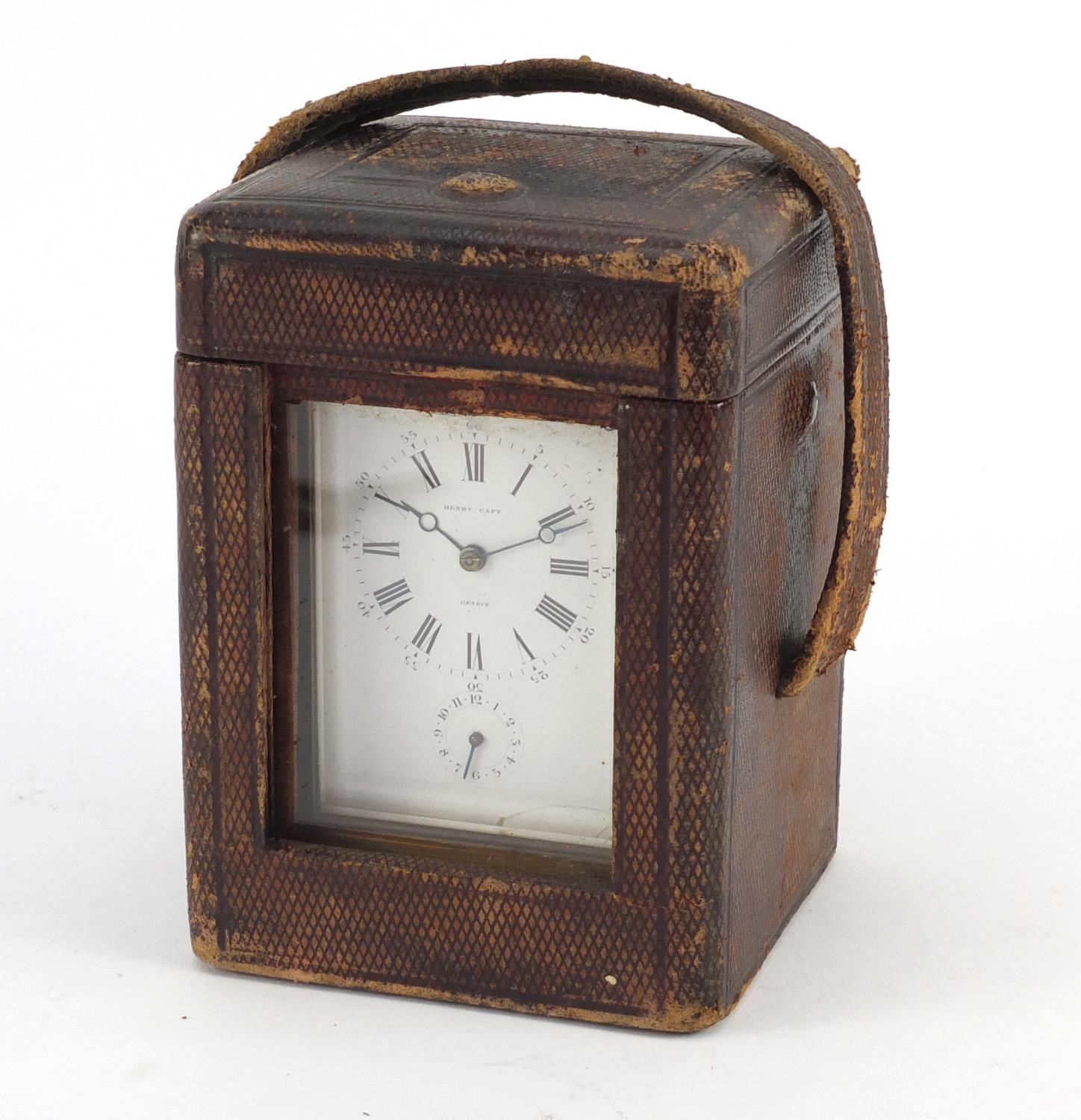 French brass cased repeating carriage clock with leather travelling case by François-Arsene - Image 9 of 10