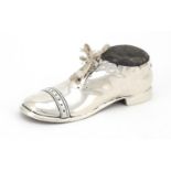 George V novelty silver pin cushion in the form of a shoe, by S Blanckensee & Sons Ltd, Birmingham