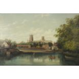 Alfred Vickers - Ely Cathedral from the river, 19th century oil on canvas, details verso, framed,