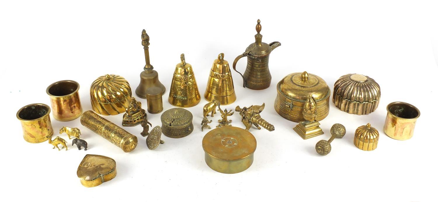 Antique and later metalware including Koran holder, boxes with covers, Indian spice boxes, trench - Image 7 of 9