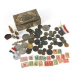Objects including antique coinage, commemorative medallions and brass bottle design bottle opener :