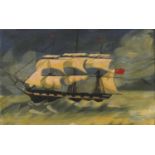 Rigged ship on stormy seas, oil on board, inscribed verso, mounted and framed, 24.5cm x 15.5cm :