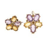 Victorian unmarked gold amethyst and citrine flower head pendant and brooch, the pendant 3cm in