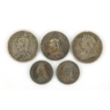 Victorian British coinage comprising 1888 and 1894 half crowns, 1887 florin and two 1887