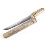 Japanese military interest Tanto sword with silver coloured metal handle and scabbard, 41.5cm in