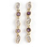 Pair of 9ct gold diamond and amethyst earrings, 3.5cm in length, 1.8g :For Further Condition Reports
