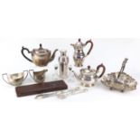 Silver and silver plate including a teapot and coffee pot retailed by Garrard & Co, cocktail shaker,