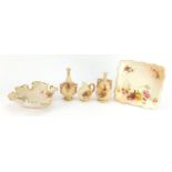 Royal Worcester blush ivory comprising two vases with twin handles, flat back jug, naturalistic leaf