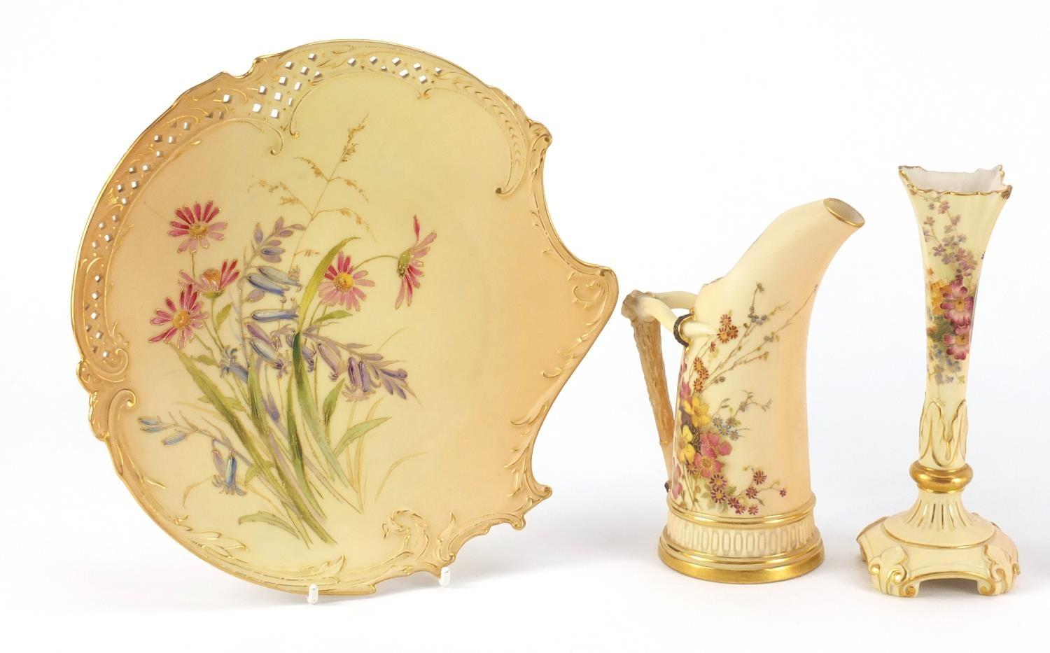 Royal Worcester blush ivory comprising three plates, bud vase and ewer, each decorated with flowers, - Image 2 of 13