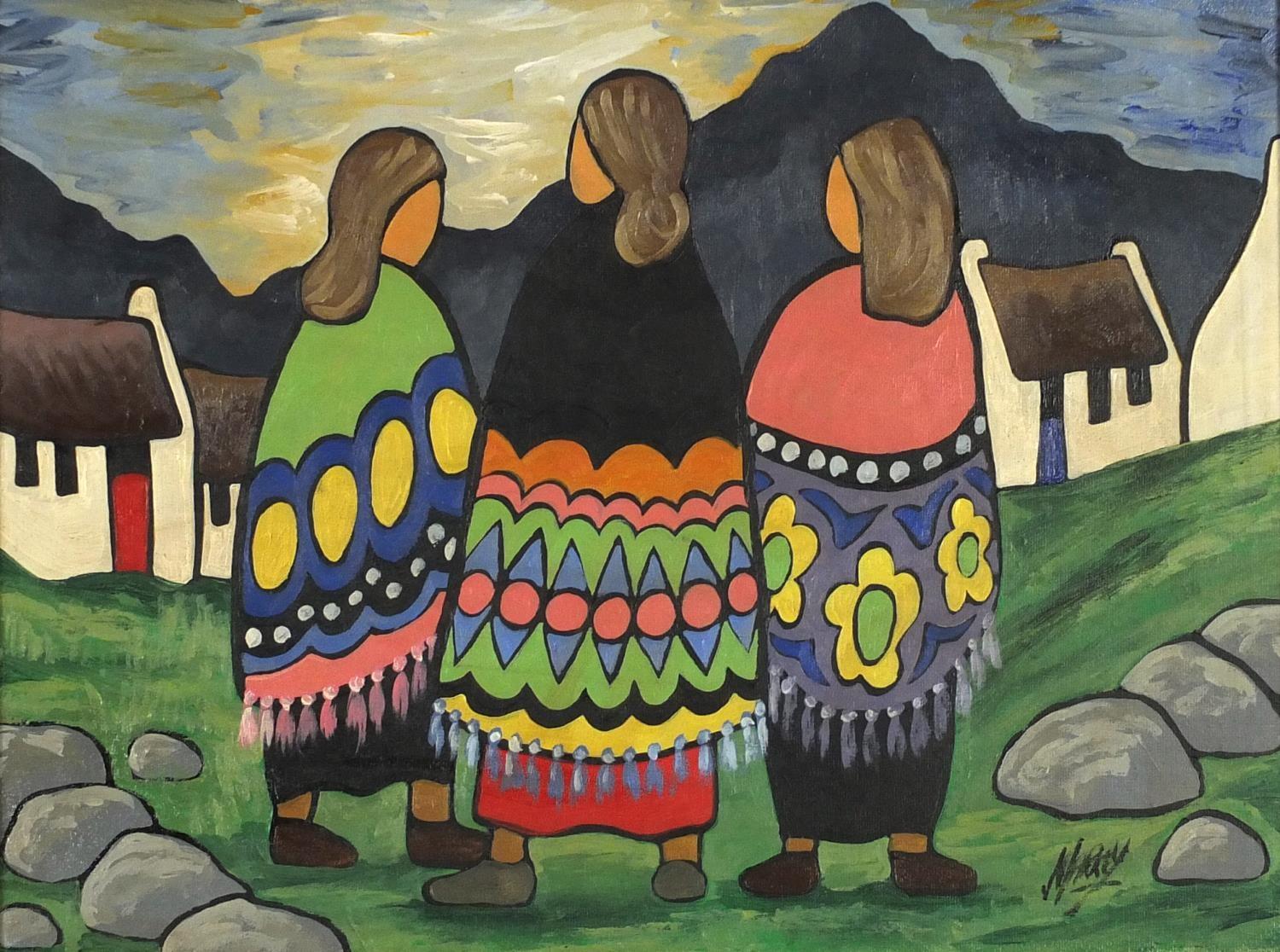 Manner of Markey Robinson - Figures before cottages and mountains, Irish school oil on board,