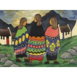 Manner of Markey Robinson - Figures before cottages and mountains, Irish school oil on board,