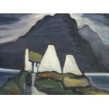 Manner of Markey Robinson - Figure before cottages and mountains, Irish school oil on board, framed,