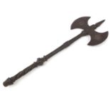 Medieval style cast iron double headed axe engraved with a King, 53cm in length :For Further