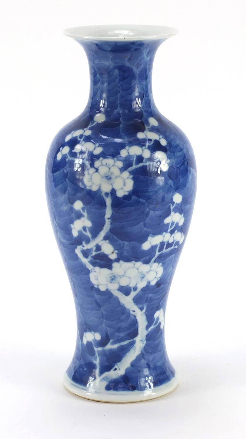 Chinese blue and white porcelain baluster vase hand painted with prunus flowers, blue ring marks