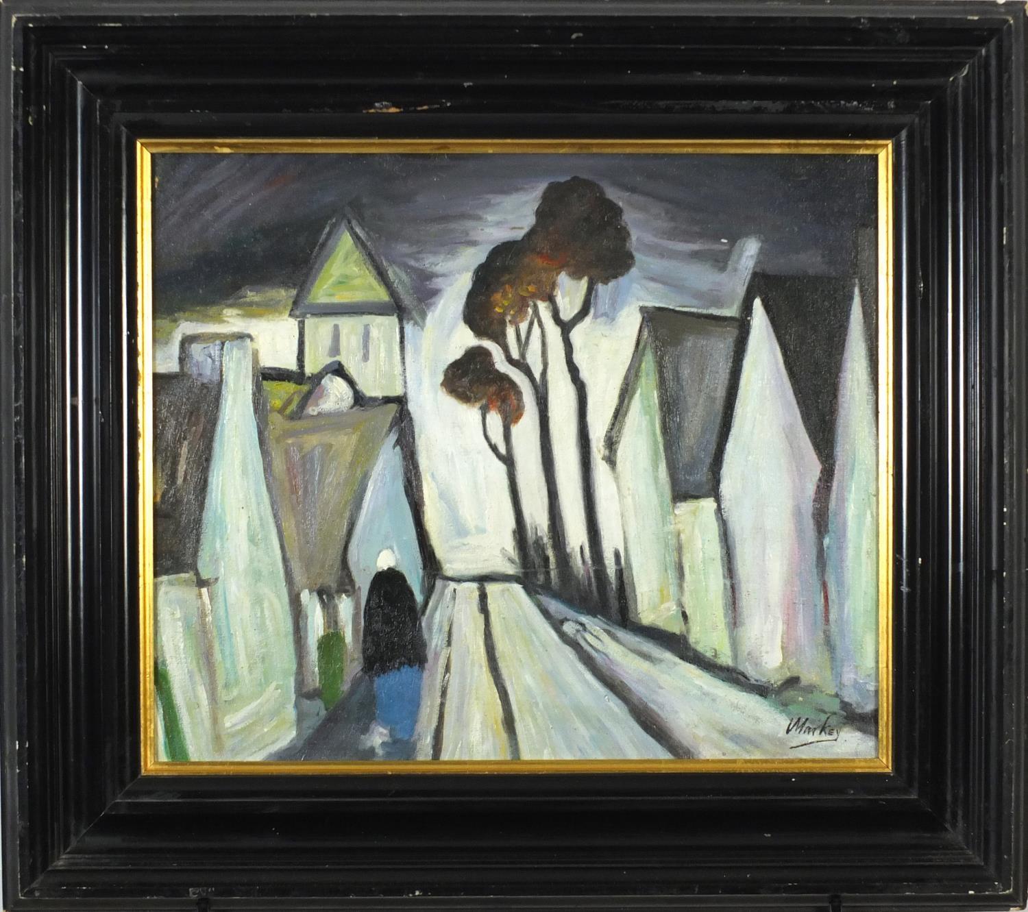Manner of Markey Robinson - Street scene, Irish school oil on board, framed, 53cm x 44.5cm :For - Image 2 of 4