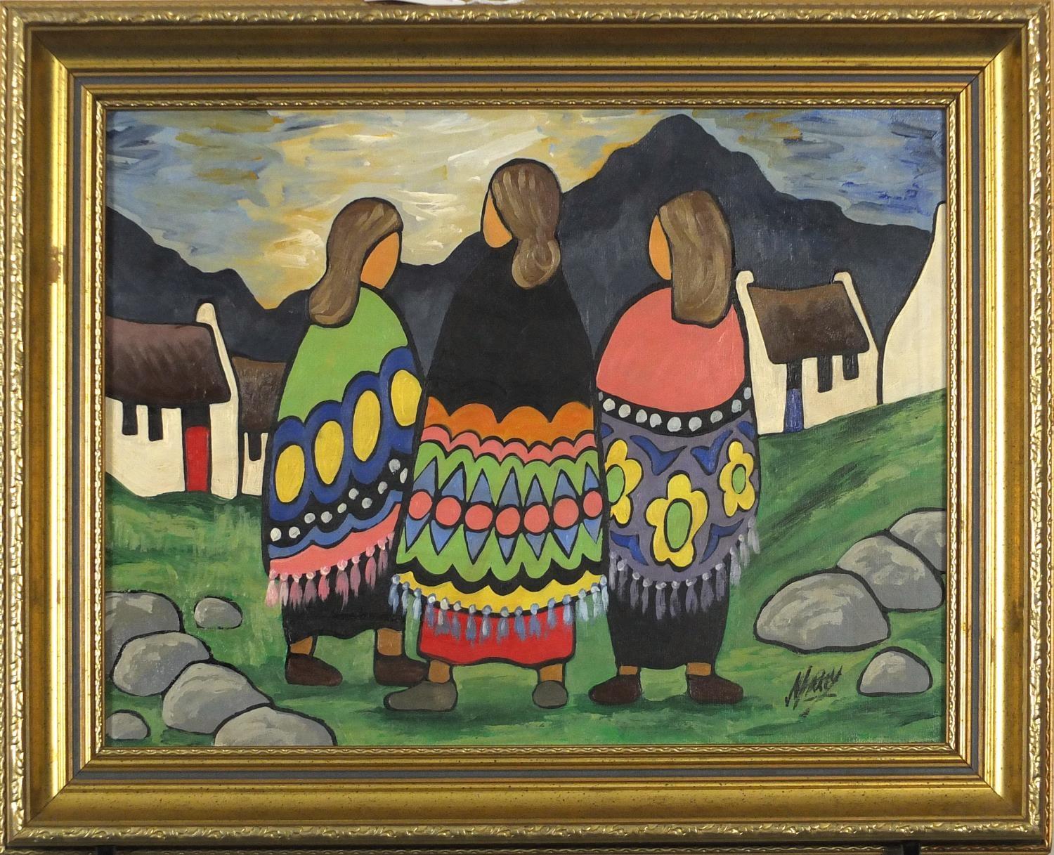Manner of Markey Robinson - Figures before cottages and mountains, Irish school oil on board, - Image 2 of 4