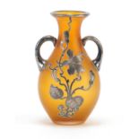 Orange iridescent Art Glass vase with silver foliate overlay and twin handles, 8cm high :For Further
