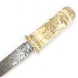 Japanese Tanto sword having a steel blade and bone handle carved with working figures, 31cm in