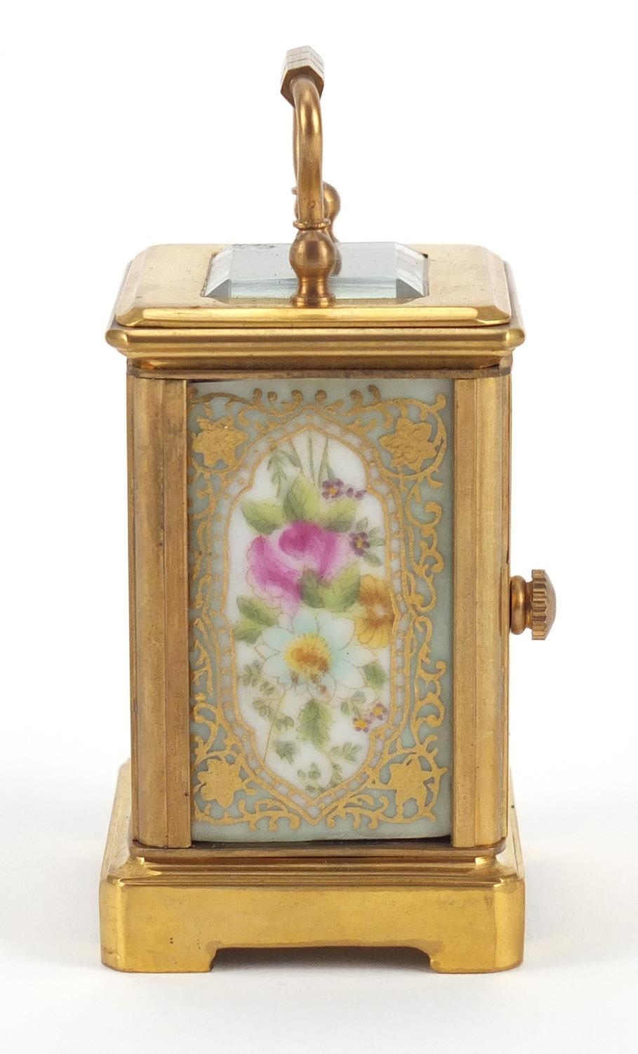 Miniature brass cased carriage clock with porcelain panels, hand painted and gilded with flowers, - Image 3 of 8