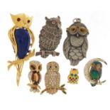 Owl brooches and pendant including a silver marcasite example, the largest 8cm in length :For