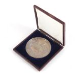 Rare Victorian Mulready silver coloured metal medallion commemorating the 50th anniversary of the