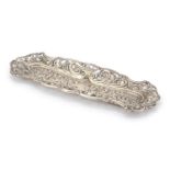 Edward VII rectangular silver pen tray, by Henry Matthews, pierced and embossed with flowers and