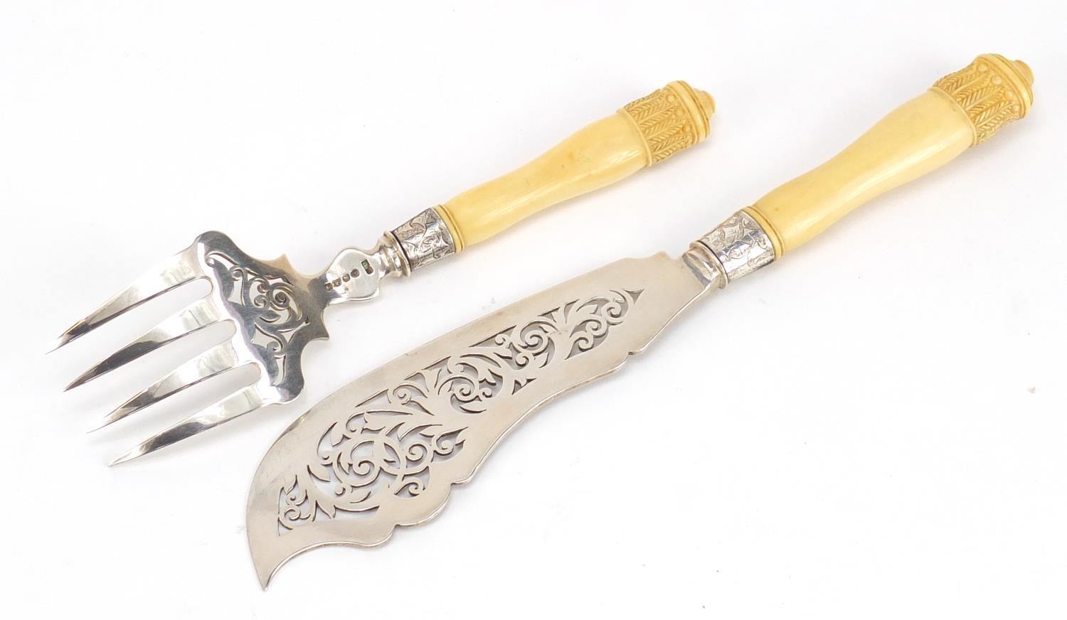 Victorian silver and ivory fish servers by George Unite, Birmingham 1884, 29cm in length, housed - Image 5 of 8