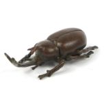 Japanese patinated bronze rhino horn beetle, impressed character marks to the base, 7cm in length :