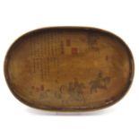 Chinese oval lacquered tray decorated with warriors on horse back and calligraphy, 45cm x 29.5cm :