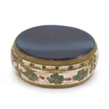 Oval enamelled brass and blue agate patch box with hinged lid, 5cm wide :For Further Condition