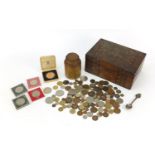 Sundry items including inlaid box and British coinage, the largest 25cm wide :For Further