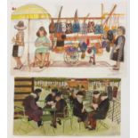 Alfred Daniels - Market stall and figures at tables, two watercolour and mixed media's, one signed