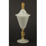 Large Venetian Latticino glass goblet with cover, having a gold flecked swan design stem and finial,