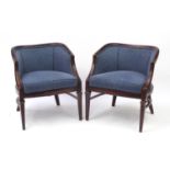 Pair of French style mahogany framed tub chairs with blue upholstery, each 73cm high :For Further