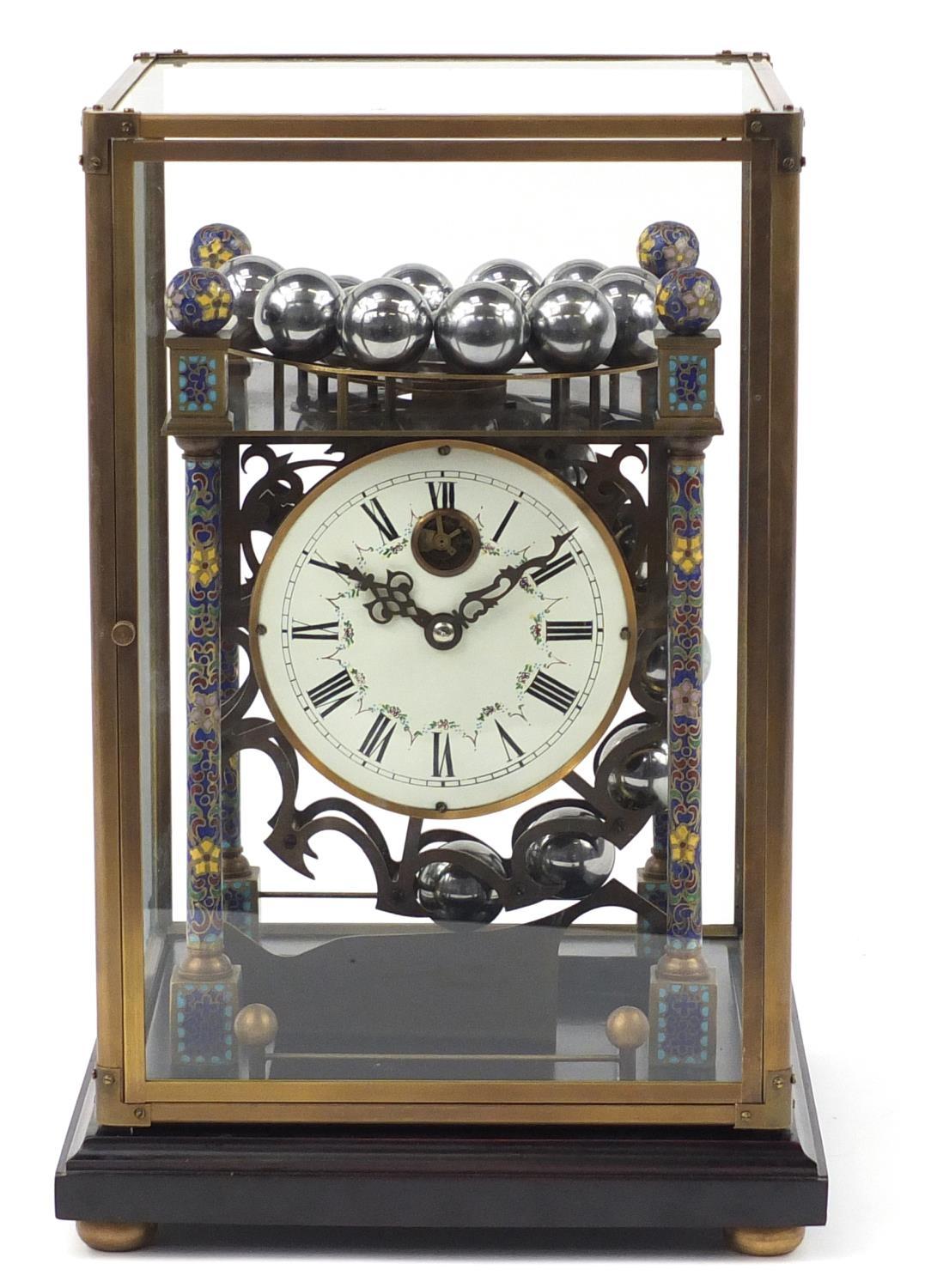 Champlevé enamel rolling-ball clock with enamel dial, having Roman numerals and glass case, - Image 2 of 8