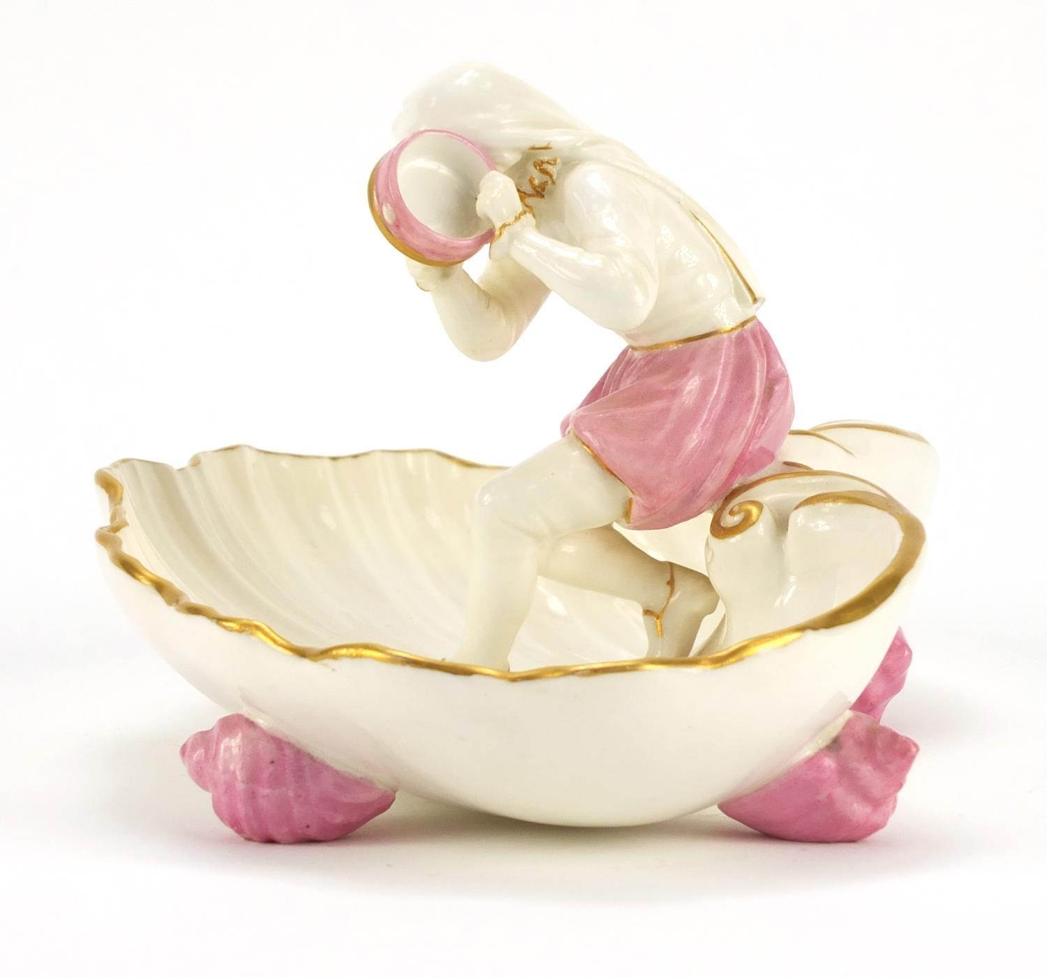 Victorian Worcester figural shell sweetmeat dish mounted with a girl holding a tambourine, 21.5 wide - Image 3 of 8