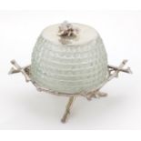 Glass honey pot with silver plated lid on naturalistic silver plated stand, 12.5cm high :For Further