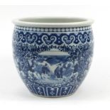 Large Chinese blue and white porcelain planter, finely hand painted with figures and landscapes